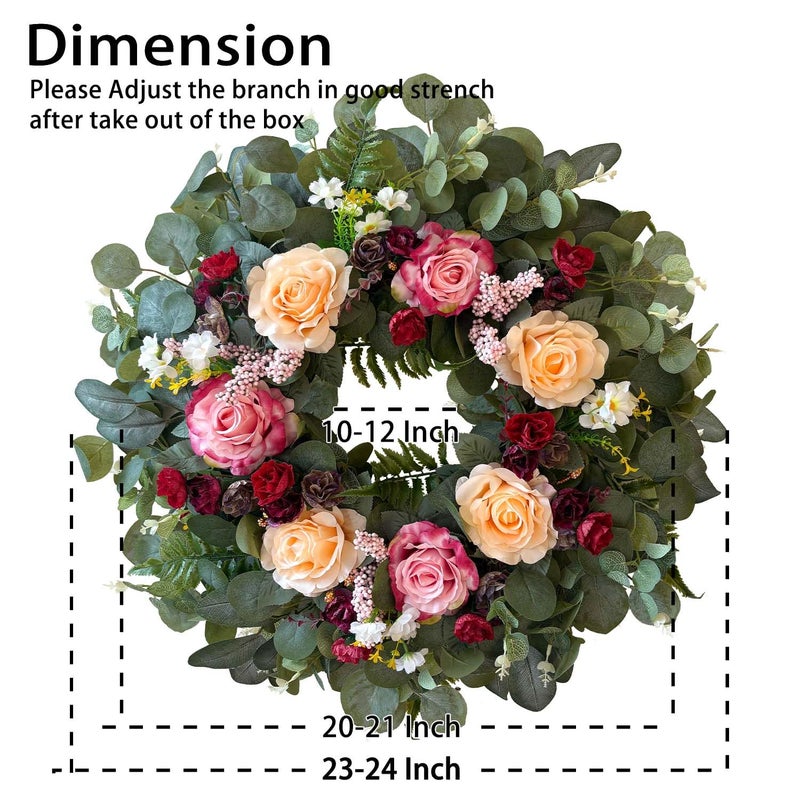 WANNA-CUL 24 Inch Spring Valentines Day Wreaths for Front Door,Spring Mothers Day Wreath Gifts Decorations with Pink,Champagne, Burgundy Rose and Eucalyptus Leaves for Wedding or Indoor&Outdoor Decor - Image 2